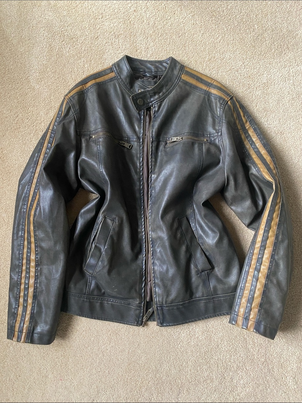 Weathered Black faux Leather Bomber Jacket with Tan Racing Stripes